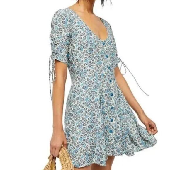Free People Brand Blue Sunflower Print Lace Up Mini Dress Women's size XS - Picture 1 of 7